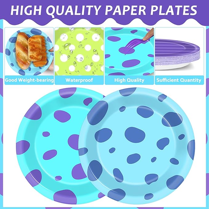 48PCS Monster Birthday Party Paper Plates for Monster Theme Party Table Supplies 7" Cartoon Blue Green and Purple Disposable Dessert Plates Tableware for Kids Birthday Baby Shower Decorations