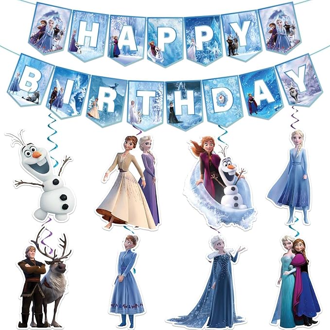 Cute Popular Cartoon Theme Decorations Banner Hanging Swirls, Cute Blue Happy Birthday Decorations for Fans, Party Supplies for Girls Boys