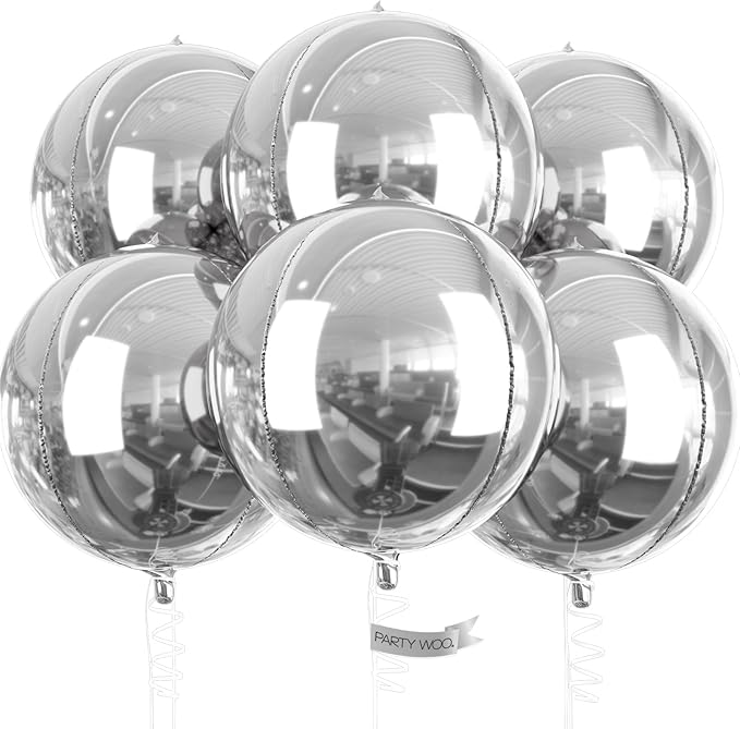 PartyWoo Metallic Silver Foil Balloons 6pcs 22 Inch Large Round Foil Big Giant 4D Jumbo Inflatable Mirror Ball Mylar Balloons for Graduation Birthday Engagement Space Themed Party Decorations