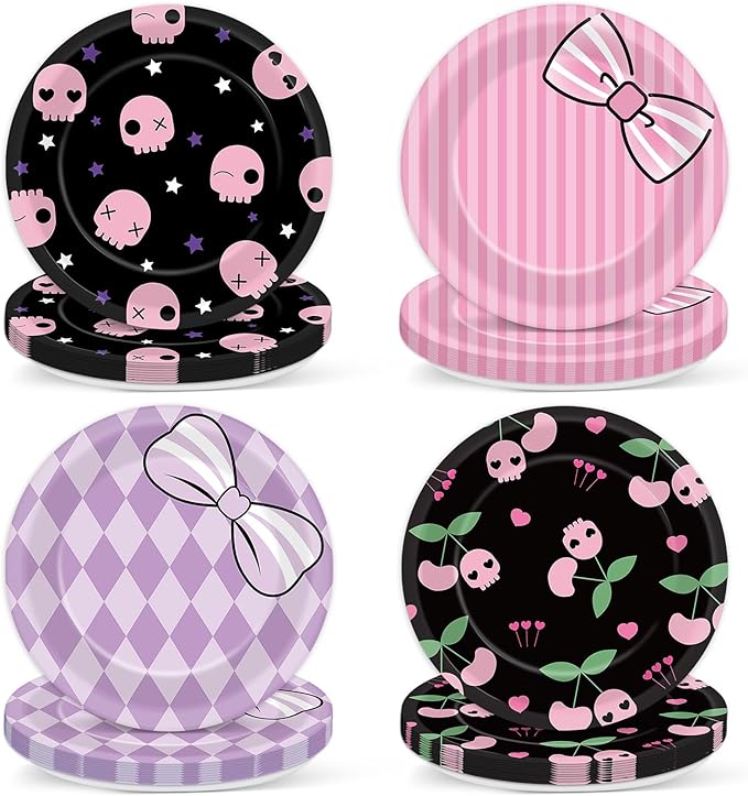 48PCS Kawaii Party Decorations 7" Cute Anime Paper Plates Animations Theme Supplies Cartoon Dessert Tableware Set Adorable Pink Purple Disposable Cake Plates for Kids Baby Shower Birthday Party Favor