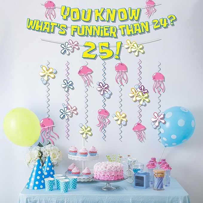 WHAT'S FUNNIER THAN 24? 25! Birthday Banner Carton Sponge Banner Jelly Fish Hanging Swirls Garlands Sea Animals Hanging Banner for Birthday Party Decorations Supplies Party Favors