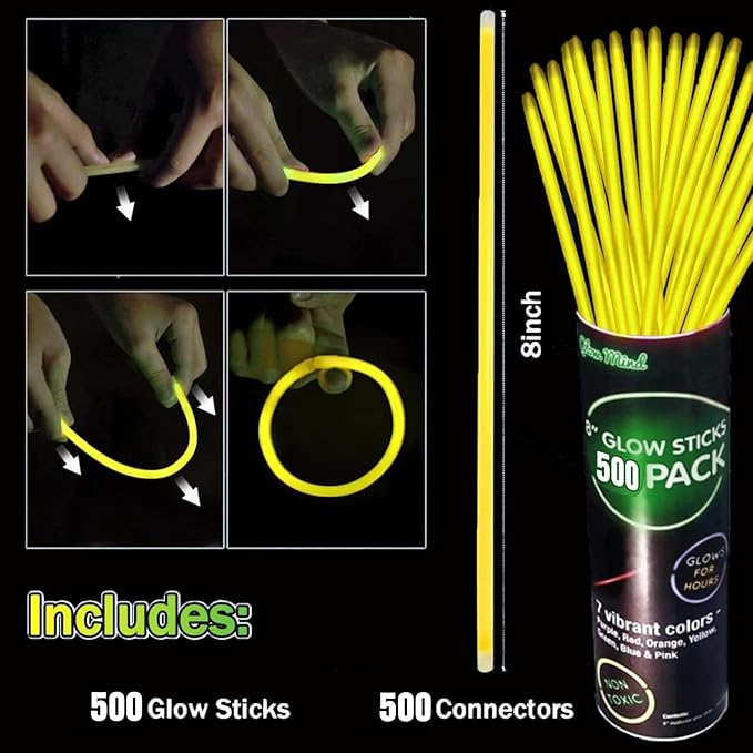 500 PCS Yellow Glow Sticks Bulk 8" Glowsticks Bracelets Necklaces with Connectors Glow in the Dark Party Supplies Light Up Neon Party Favor for Christmas New Year Easter Birthday Wedding