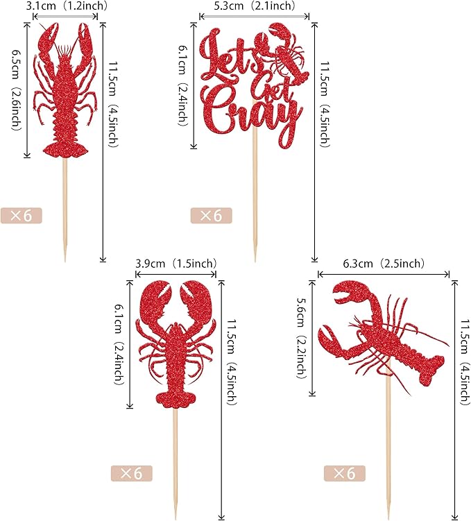 24 PCS Crawfish Cupcake Toppers Red Glitter Let's Get Cray Lobster Cupcake Picks Crawfish Party Cake Decorations for Lobster Theme Carnival Baby Shower Birthday Single Divorce Party Supplies
