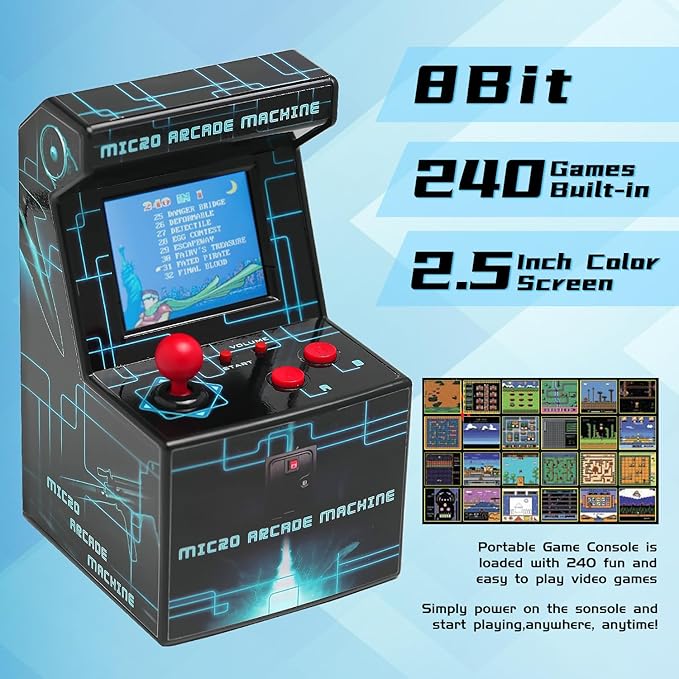 Retro Mini Arcade Machine,240 in 1 Portable Game Console with 2.5" Color Screen, 8-Bit Games, Joystick & Built-in Speaker (Batteries Included)