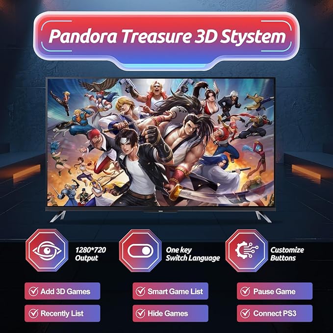 Pandora Box Arcade Console with 32000 Games in 1, 1280x720 Full HD Retro Gaming Machine for TV, Monitor, and Projector, 3D Games Support 1-4 Players, Search/Save/Hide/Pause Functions