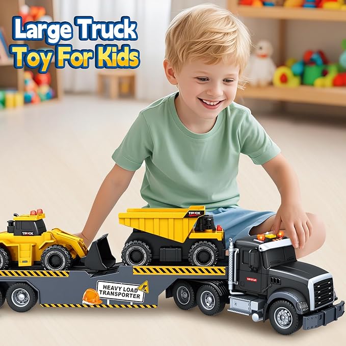 Toddler Boy Toys for 3 4 5 6 7 Years Kids, 21" Semi Construction Carrier Truck Toy with Excavator and Dump Truck, Friction Powered Toys with Lights and Sounds, Birthday for Boy Girls