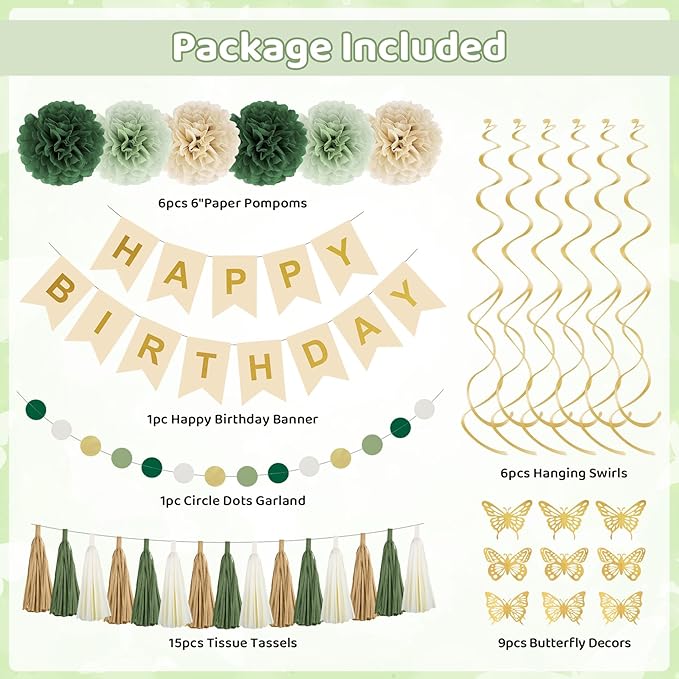 Sage Green Birthday Party Decorations for Women Girls, Green Olive Gold Sand White Confetti Foil Balloons Happy Birthday Banner Fringe Curtain Hanging Swirls Circle Dots Tassels Pompoms Party Supplies