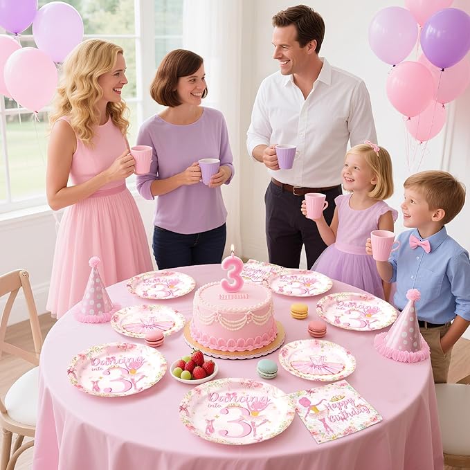 96Pcs Ballerina 3rd Birthday Decorations Cute Ballet 3rd Birthday Plates and Napkins Tableware Sets Ballerina Theme Party Decorations Favors for Girls Ballet Dancing Dancer Party Supplies Serves 24