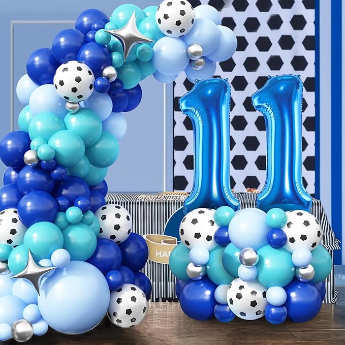 11th Birthday Soccer Party Decoration for Boys, 11th Soccer Birthday Balloons Arch with Royal Blue Teal Light Blue Balloon Garland Kit Large Number 11 Balloon for 10th Football Birthday Party Supply