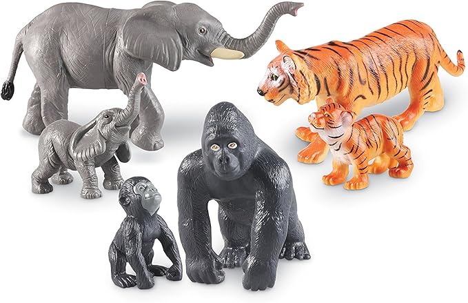Learning Resources Jumbo Jungle Animals: Mommas and Babies - Elephant, Gorilla, Tiger, Zoo Animals, Pretend and Play, Fine Motor Skills