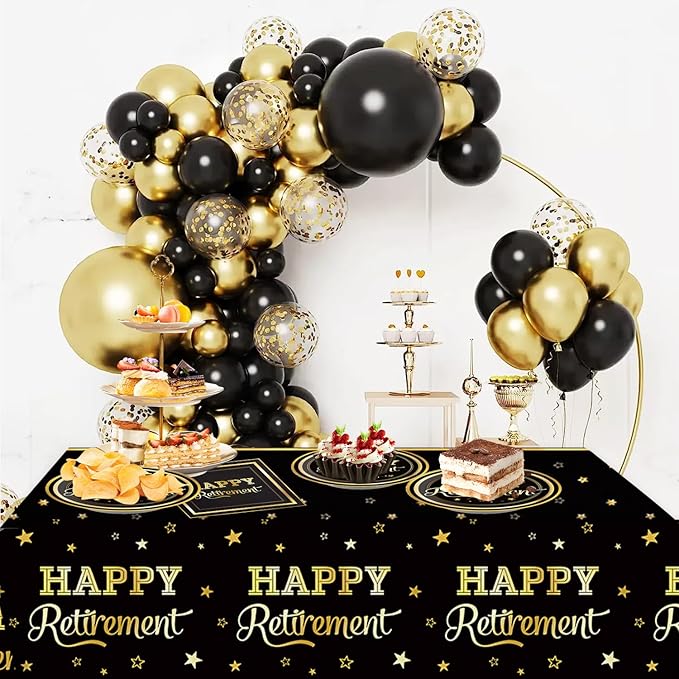 41pcs Retirement Party Supplies ,include 20pcs 7inch Dessert plate, 20 Napkin and 1pcs Tablecloth,Used for Black Gold Retirement Party Decoration