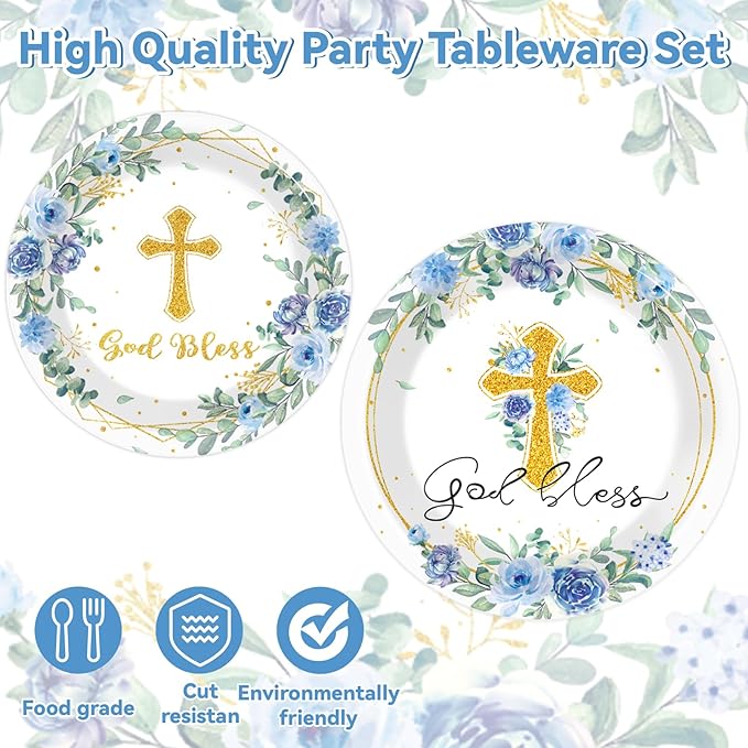 God Bless Baptism Plates and Napkins First Holy Communion Party Tableware Set Christening Ceremony Newborn Dinnerware Cross Blue Floral Plate Fork for Mi Bautizo Baby Shower Decor Supplies Serve 24