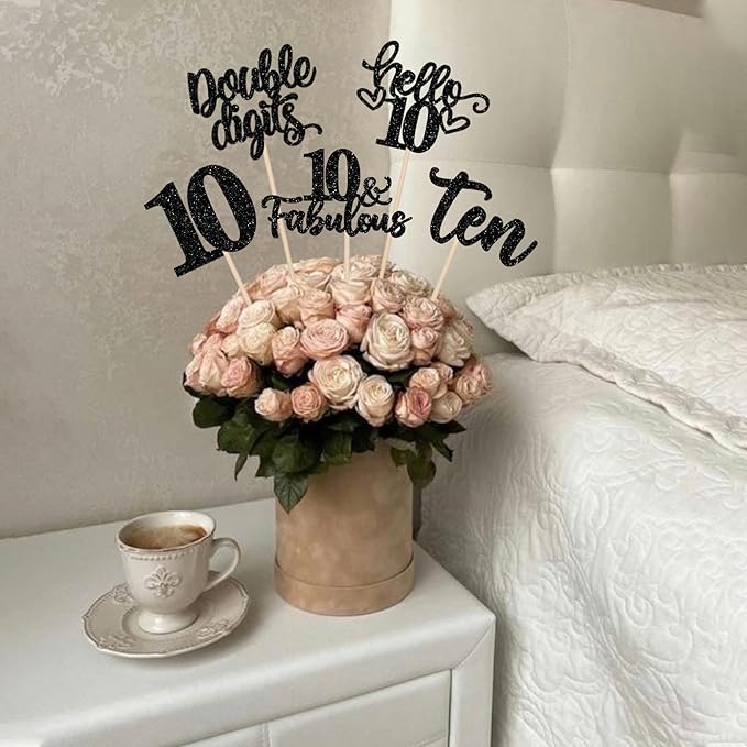 15PCS Happy 10th Birthday Centerpiece Sticks Ten Hello 10 Cheers to 10 Birthday Table Flower Centerpieces Sticks Double Digits 10 Fabulous Floral Decoration for 10th Birthday Party Centerpieces Black