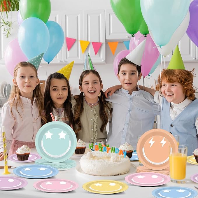 48Pcs Pastel Smile Face Party Supplies Pastel Smile Face Paper Plates 7" Colorful Preppy Dessert Plates Preppy Party Decorations for Kids Birthday Baby Shower Favors Serves 48 Guests