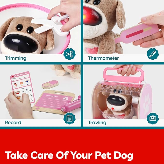 TOP BRIGHT Doctor Kit for Toddlers 3-5, Pretend Play Doctor Set with Pink Veterinarian Costume, DR Kit Dress Up Toys for Kids, Role Play Dog Vet Playset, Christmas Birthday Gifts for Girls Boys 3 4 5