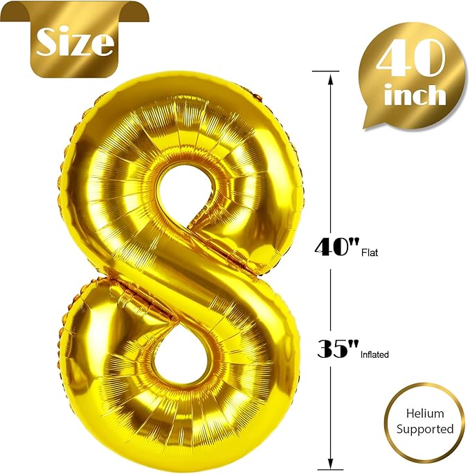 Gold Number 8 Balloon 40 Inch, 8th Birthday Party Decorations for Children, Giant 8 Foil Balloon for Party Supplies