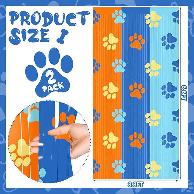 2 Packs Dog Fringe Curtains 3.3 x 6.6 ft Dog Paw Foil Fringe Backdrop Orange Light Blue Tinsel Streamers for Baby Shower Birthday Party Supplies Decorations