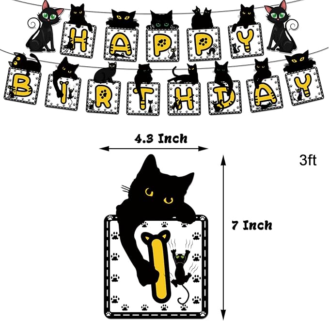 Cat Themed Party Decoration Black Cat Birthday Party Supplies Set Includes 5 x 3ft Black Cat Backdrops, Cat Happy Birthday Banner, Cake Topper, Cupcake Toppers, Balloons