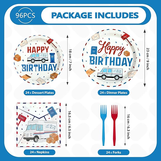 96 Pcs Mailman Party Supplies Red Blue Mail Happy Birthday Plates and Napkins Disposable Mail Truck Mailbox Tableware Set for Postal Worker Birthday Party Decorations Serves 24