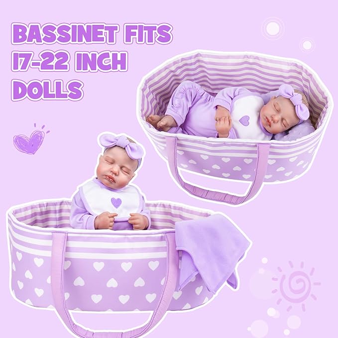 AORI Reborn Baby Dolls Bassinet - Foldable Doll Crib Bed Soft Doll Carrier Accessories with Handle for 17-22 Inches Newborn Baby Girls (Purple)