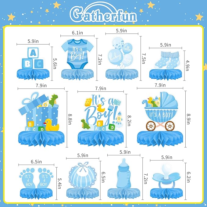 Boy Baby Shower Decorations Set - Kit with blue Honeycomb Centerpiece, Baby Reveal & Themed Table Decor for the Baby Boy Shower Decorations