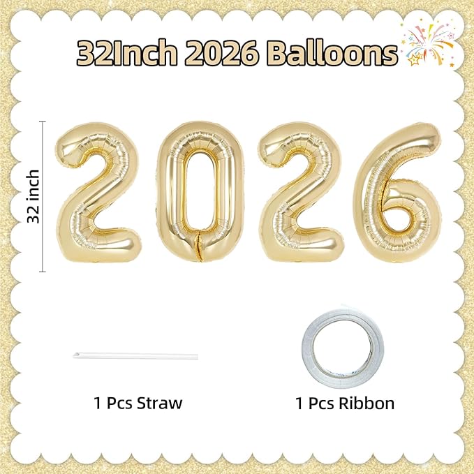 KALOR 32 Inch 2026 Light Gold Foil Number Balloons, 2026 New Years Decorations for 2026 Happy New Year Eve and Graduations Party Supplies