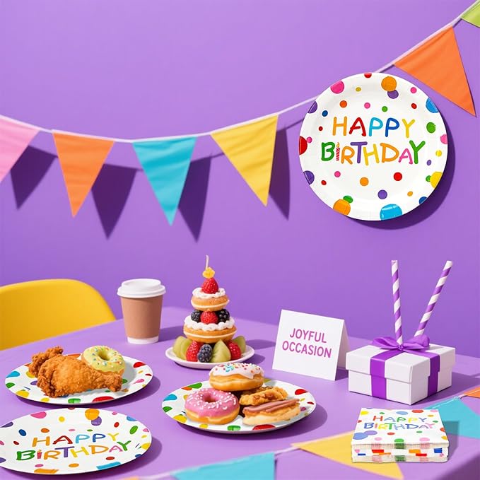 180PCS Happy Birthday Party Supplies Serves 60,Rainbow Dot Party Paper Plates and Napkins Set for Kids Boys Girls Birthday Party Decorations