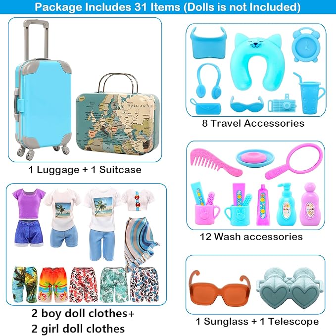 Miunana 28PCS Travel Clothes and Accessories Blue Trunk Suitcase 2 Girl Doll Clothes 1 Boy Suits 8 Life Accessories 12 Wash Telescope Sunglasses （Not Include Doll）