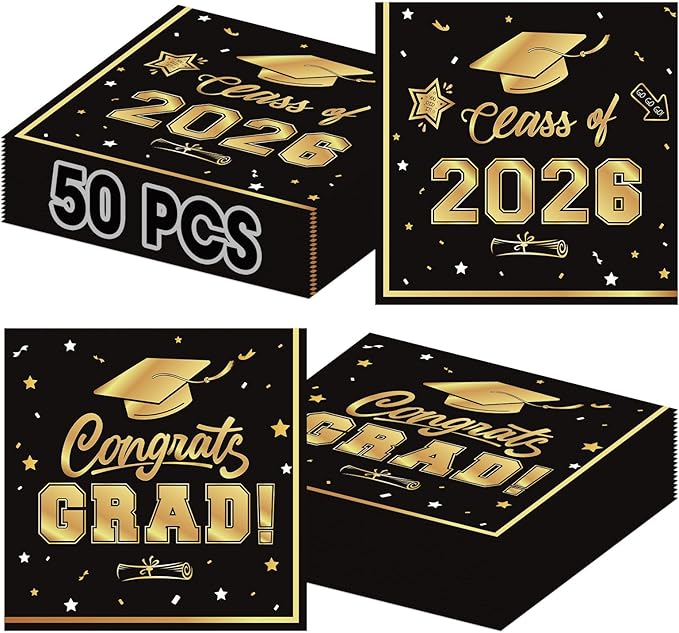 50 Pcs Graduation Napkins Decorations - Black Gold Class of 2026 Congrats GRAD 3-Ply Paper Cocktail Dinner Napkins Set for 2026 Graduation Party Supplies Table Decor Favors, 6.5 x 6.5 Inch