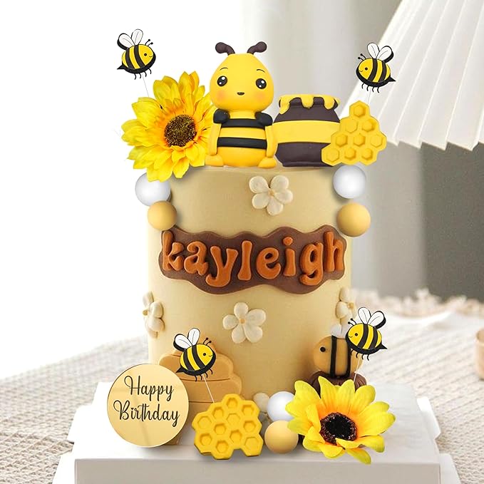 17 PCS Bee Cake Topper Happy bee day Cake Topper Honeycomb Sunflower Cake Decoration for Honeycomb Theme Birthday Party Supplies