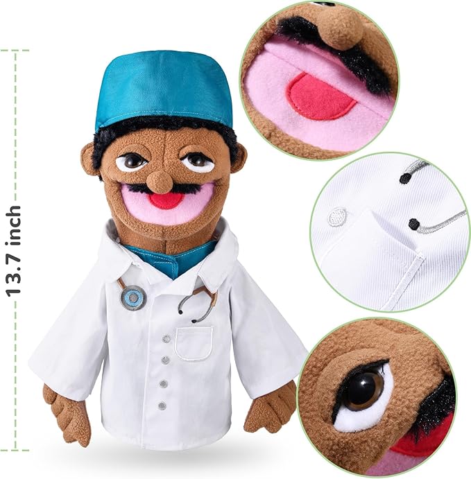 Role Play Hand Puppets Hand Plush Chef Doctor Fireman Pirate Detective Athlete Nurse Worker Hand Puppet Toys Puppets for Kids Storytelling Imaginative Pretend Play Teaching Preschool(Doctor)
