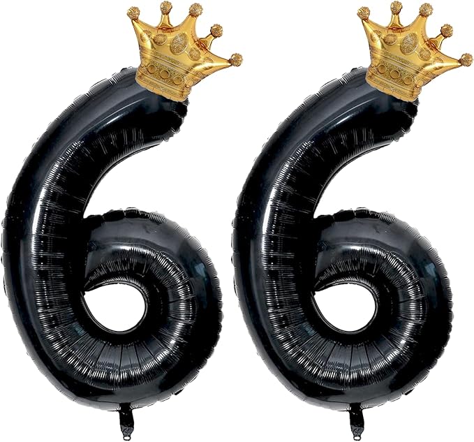 40 inch Large Black 66 Balloon Number with Gold Crown Balloons 66th Birthday Big Foil Mylar Helium Balloon for Women Man 66th Birthday Anniversary Decorations Supplies Favors(Number 66 Balloons）