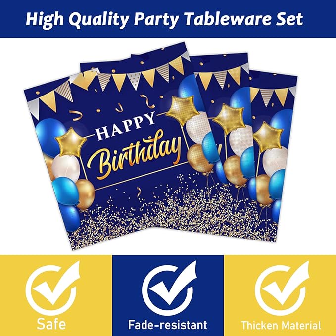 gisgfim 96 Pcs Blue and Gold Birthday Plates and Napkins Party Supplies Navy Blue Party Tableware Set Happy Birthday Decorations Favors for Men Women for 24 Guests