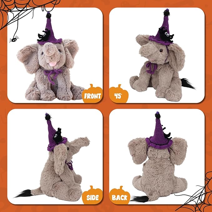 Hopearl Adorable Halloween Plush Calf Elephant Toy with Knitted Witch Hat Floppy Elephish Ultra Soft Stuffed Animal for Boys Girls Kids Toddlers, Gray, 10''
