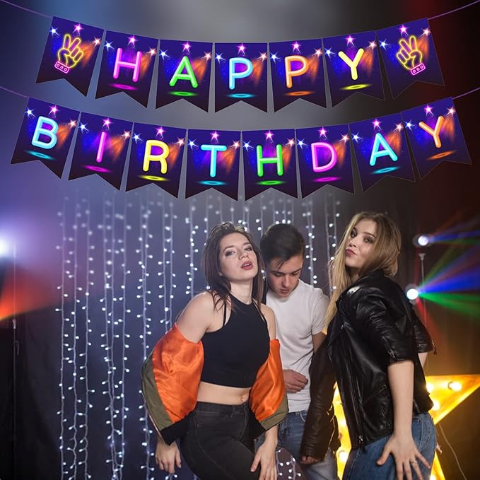 CC HOME Glow Happy Birthday Banner, Glow Party Decoration, Glow in The Dark Letters Theme Party Supplies Boys Girls Kids Home Classroom Baby Showers Birthday Party Decorations Club Bar Hanging Flags