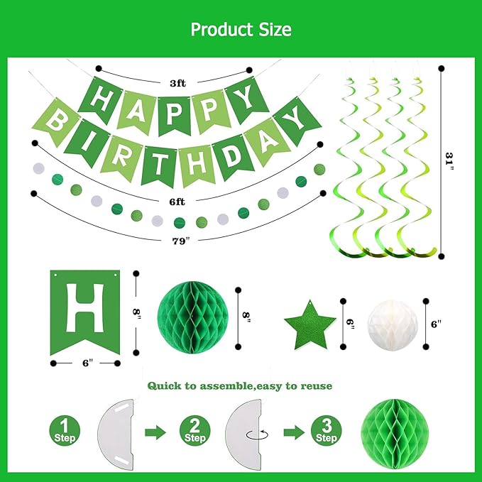 Green and White Birthday Decorations, Happy Birthday Banner with Green Star Hanging Swirl Streamers Honeycomb Balls Paper Circle Garland For Party Supplies