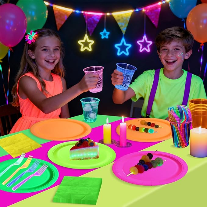 Glow Party Supplies Plates Set for 20 Guests, Including Multi-color Tablecloth, Forks, Napkins and Plates for Glow Birthday Decorations Neon Party Decorations