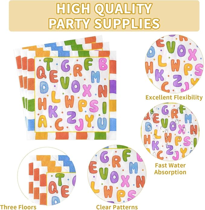 Grencian 96Pcs Alphabet Number Party Supplies Colorful Alphabet Number Plates and Napkins Disposable Paper Tableware Set for Kids Boys Girls Numbers Games Baby Shower Party Supplies, Serves 24