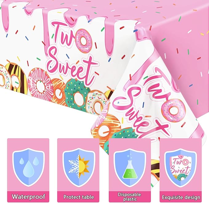 ZOIIWA 3 Pack Two Sweet Donut Birthday Party Tablecloths Decorations Girls Donut Themed Plastic Table Covers for Baby Girl 2nd Birthday Supplies Pink Party Favors Table Decor 54 x 108 Inch