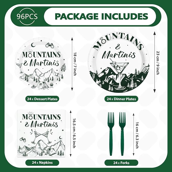 96Pcs Camp Bachelorette Decorations Green Tiny Bit Bridal Shower Plates and Napkins Mountains and Martinis Tableware Set for Camp Cocktail Wedding Engagement Bachelorette Party Supplies, Serves 24