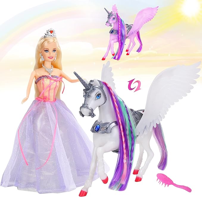BETTINA Princess Doll with Color Changing Unicorn Toys, Unicorn Changes Color Under Sunshine, 11.5 Inch Doll with Princess Dress&Acessories, Xmas Birthday Toys Gifts for Girls 3-12