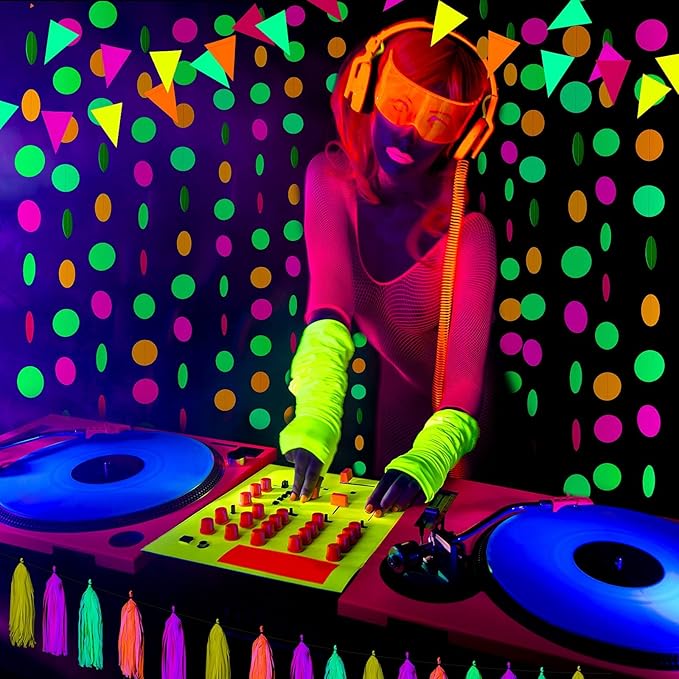 88 Pcs Glow Neon Party Supplies Including Neon Paper Garland 20 Pieces Paper Tassels Garland and Triangle Flags Bunting for Birthday Wedding Black Light Reactive UV Glow Party Decorations