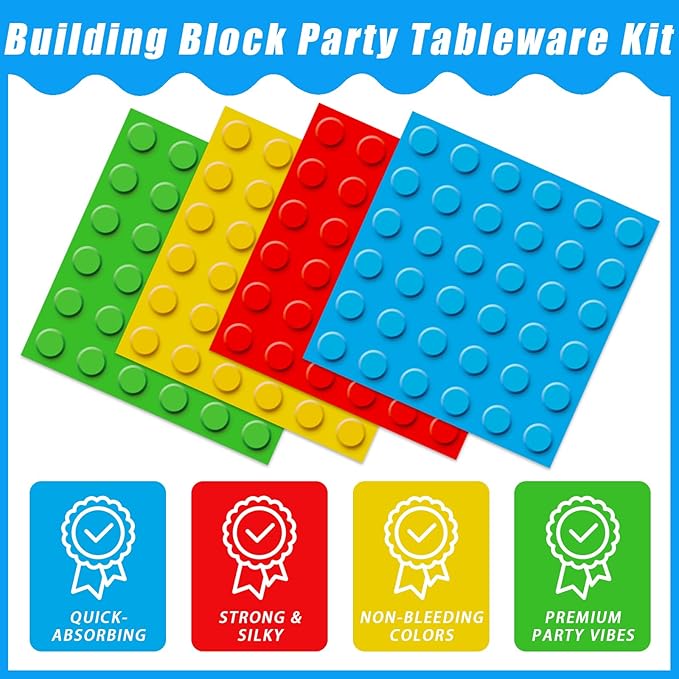 96 Pcs Building Block Party Supplies, Building Bricks Plates and Napkins Set Building Block Themed Dinnerware for Birthday Party Decorations, Serves 24