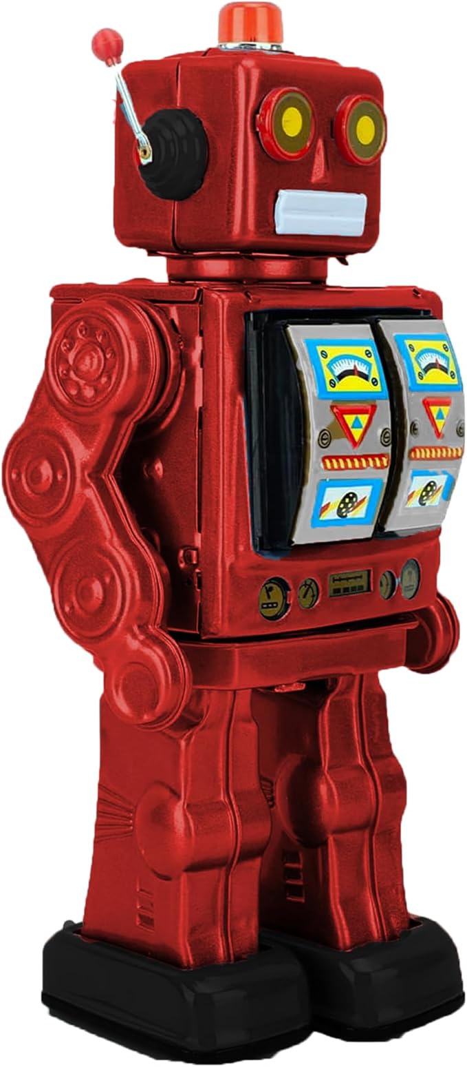 Charmgle Retro Tin Toys Walking Robot, Electric Rotating Desk Robot with Gun Fire Sound, Adult Collection Birthday Gifts Party Favor Handmade Robots Red