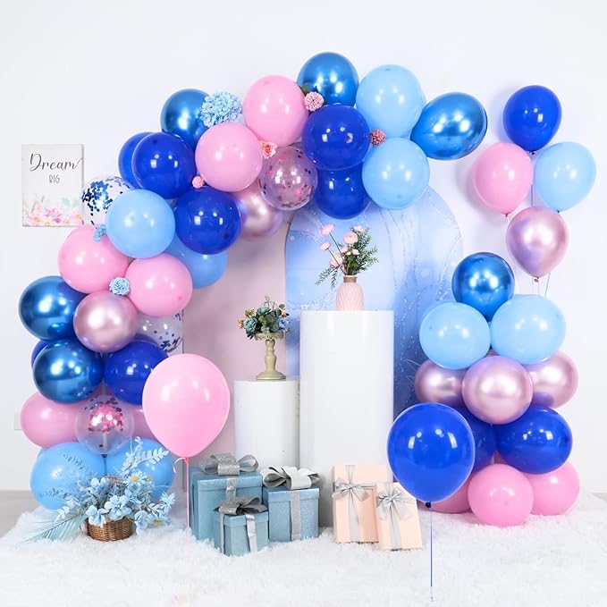 Paready Pink and Blue Balloon Set - 50Pcs 12 Inch Pastel Confetti, Royal and Metallic Balloons for Kids Girls Birthday, Baby Shower, Gender Reveal Supplies