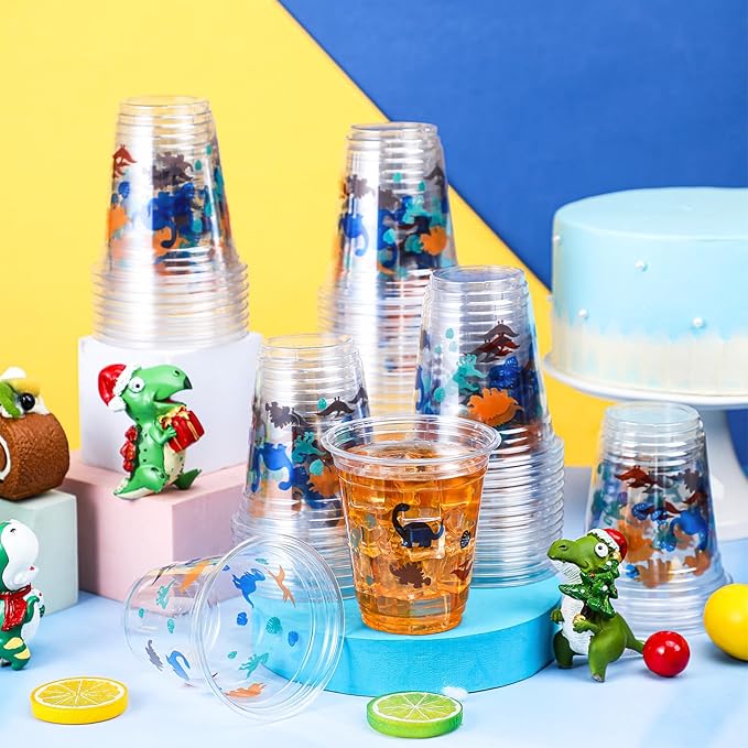 50 Pcs Dinosaur Cups 12 oz Disposable Plastic Cups Dino Tumbler for Dinosaur Birthday Party Supplies Decorations, Multi Color