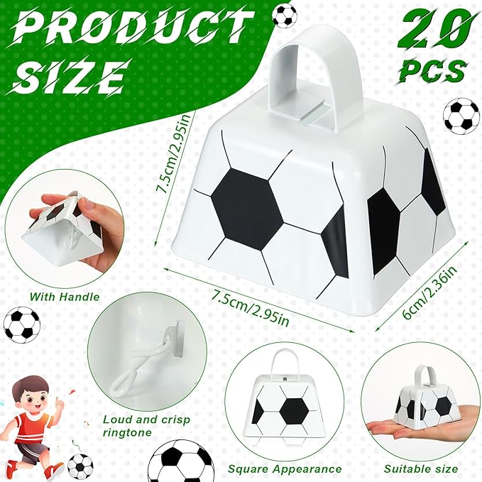 Landhoow 20 Pcs Soccer Cow Bells Noise Maker Metal Cowbell with Handle Novelty Hand Percussion Cowbells for Sporting Events Soccer Games Party Favors Soccer Supplies, 2.95 x 2.36 x 2.95 Inch