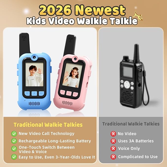 Video Walkie Talkies for Kids, 2 Pack Long Range Walkie Talkies with Screen & Voice Changer, Outdoor Toys for Boys Girls Ages 3-12, Family Games Birthday Gifts for Kids (Blue+Pink)