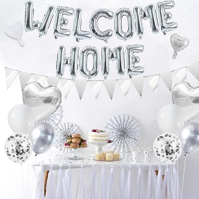 TONIFUL Welcome Home Decorations,16 Inch Silver Welcome Home Foil Balloon Banner Silver Confetti Balloons Pennant Flag Bunting for Homecoming Party House Warming Party Family Gathering Supplies