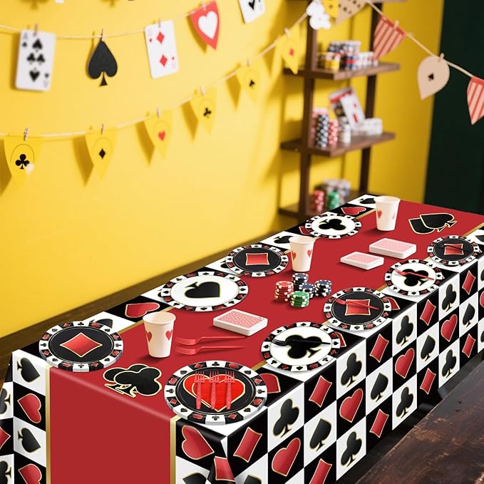 Casino Birthday Party Plates Set for 20 Guests, Including Poker Tablecloth, Napkins, Forks and Plates for Casino Theme Party Decorations Game Night Baby Shower